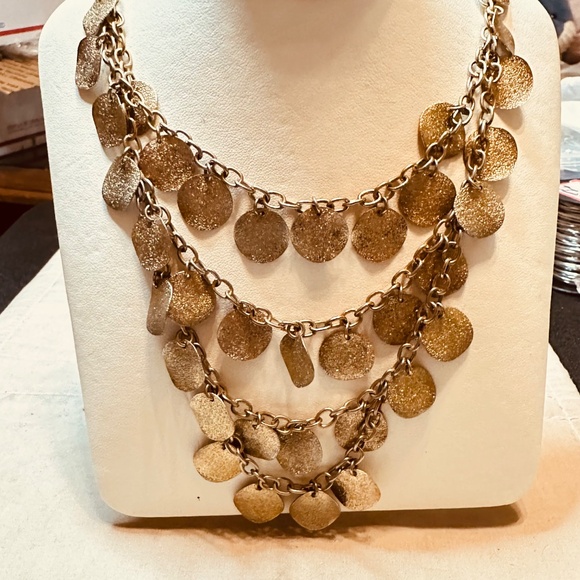 Gold Tone 4 Strand Layered Bib Necklace w/Several Round Discs per Layer - Picture 10 of 10